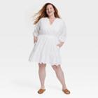 Women's Plus Size Bishop 3/4 Sleeve Eyelet A-line Dress - Knox Rose White
