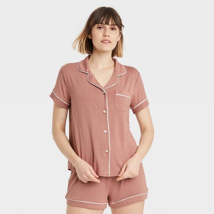 Women's Beautifully Soft Short Sleeve Notch Collar Top And Shorts Pajama Set - Stars Above Rose Pink