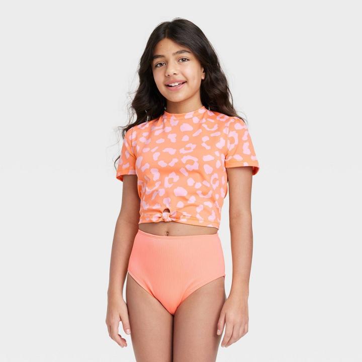 Girls' Cropped Cheetah Tie-dye Design Short Sleeve Rash Guard Swim Top - Art Class Orange