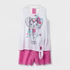 Self Esteem Girls' Elephant Tank Top And Crochet Shorts Set With Necklace - White/pink