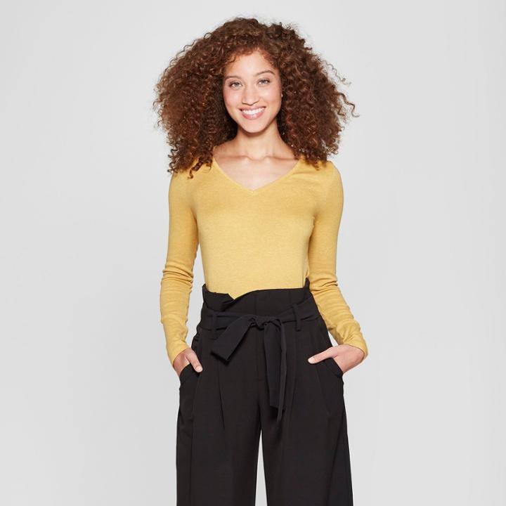 Women's Long Sleeve V-neck T-shirt - A New Day Yellow Heather