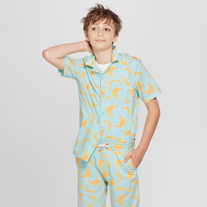 Boys' Banana Print Woven Short Sleeve Button-down Shirt - Art Class Blue
