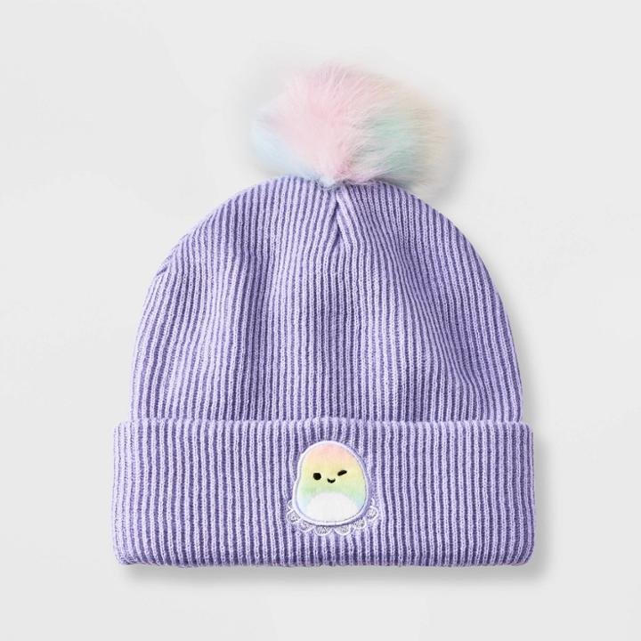 Girls' Squishmallows Cuffed Pom Beanie - Purple