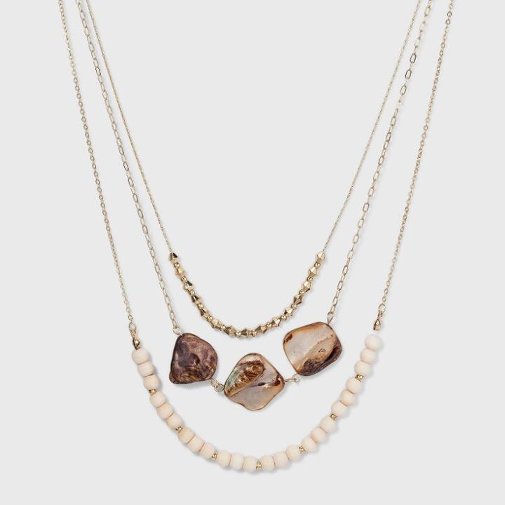 Multi Row Necklace With Wooden Beads And Dyed Shell - A New Day Gold