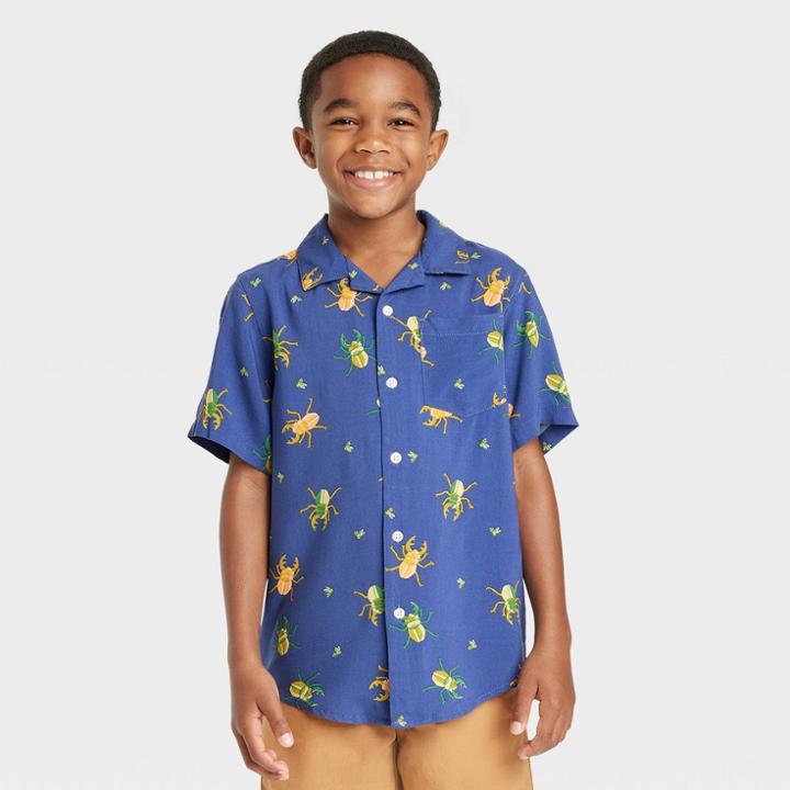 Boys' Short Sleeve Beetle Printed Button-down Resort Shirt - Cat & Jack Blue
