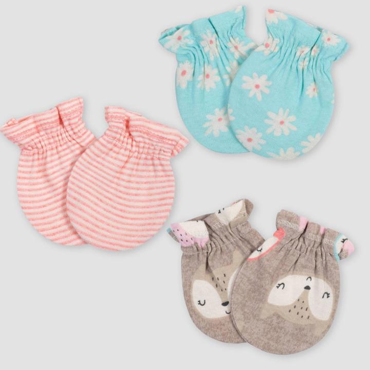 Gerber Baby Girls' 3pk Fox Mittens - Coral/green/light Brown 0-3m, Girl's, Pink