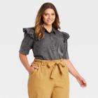 Women's Plus Size Ruffle Elbow Sleeve Button-down Shirt - Who What Wear Black