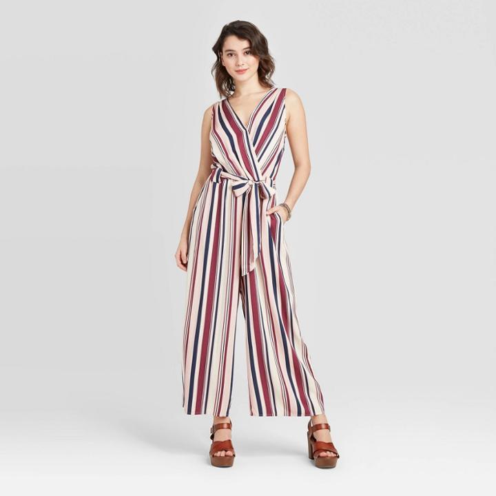 Women's Striped Sleeveless V-neck Belted Wrap Jumpsuit - Xhilaration Purple