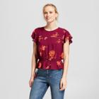 Women's Floral Print Elbow Sleeve Cinched Waist Blouse - Xhilaration Purple Potion/inferno