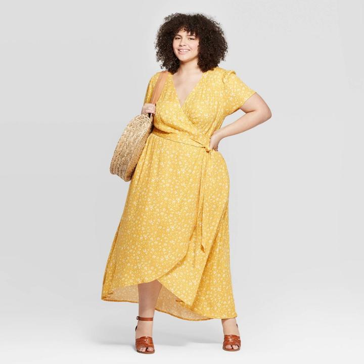 Target Women's Plus Size Floral Print Short Sleeve V-neck Wrap Dress - Universal Thread Yellow