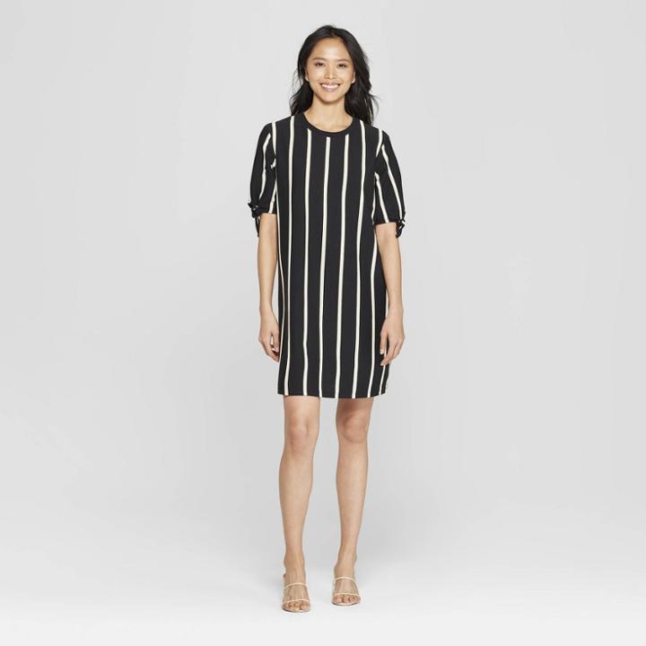 Women's Striped Short Knotted Sleeve T-shirt Dress - Who What Wear Black/white