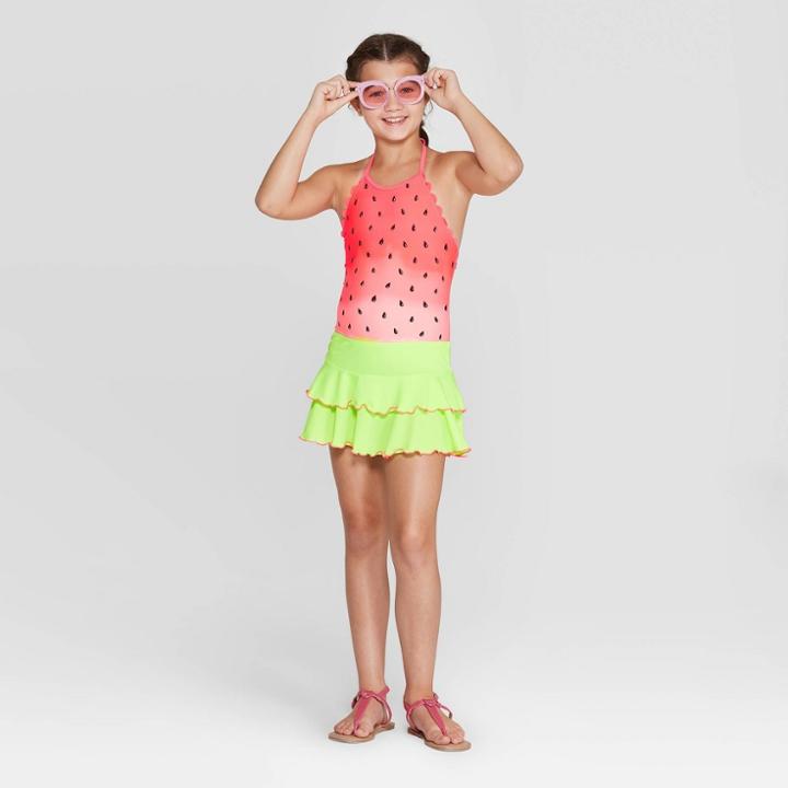 Girls' Water Melon Print One Piece Swimsuit With Skirt 2pc Set - Cat & Jack Pink