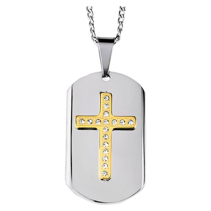 West Coast Jewelry Men's Gold Plated Two-tone Stainless Steel Crystal Cross Dog Tag Pendant Necklace - Silver/gold