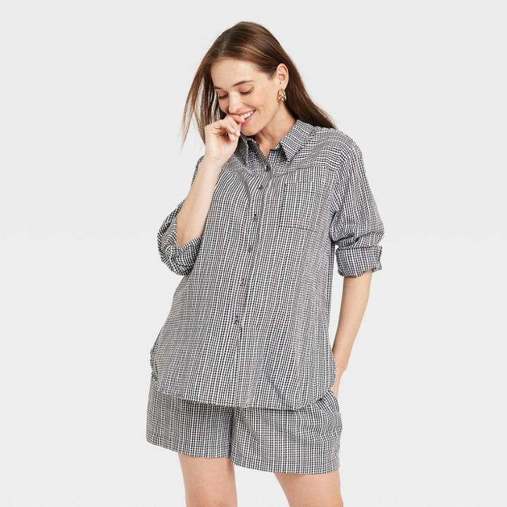 The Nines By Hatch Long Sleeve Button-down Maternity Shirt Black Gingham