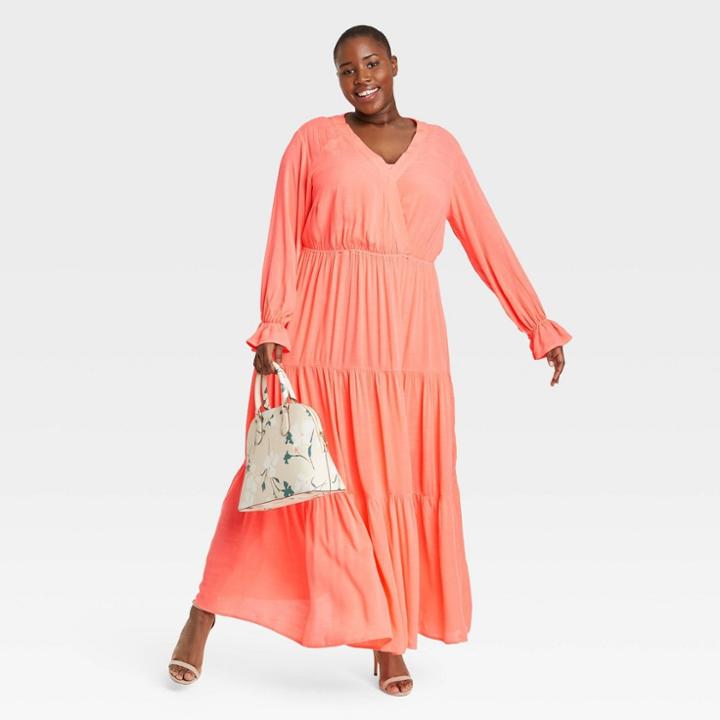 Women's Plus Size Long Sleeve Tiered Maxi Dress - Ava & Viv Coral X
