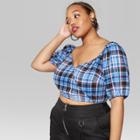 Women's Plus Size Short Sleeve Puff Sleeve V-neck Cropped Plaid Woven Top - Wild Fable Blue