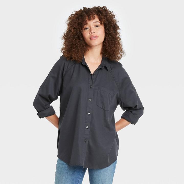 Women's Raglan Long Sleeve Denim Button-down Shirt - Universal Thread Charcoal Gray