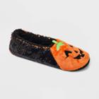 Women's Pumpkin Flip Sequin Pull-on Slipper Socks With Grippers - Hyde & Eek! Boutique Black/orange