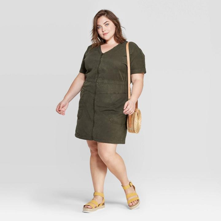 Women's Plus Size Short Sleeve V-neck Zip Front Mini Dress - Universal Thread Green 1x, Women's,