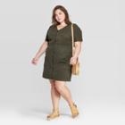 Women's Plus Size Short Sleeve V-neck Zip Front Mini Dress - Universal Thread Green 1x, Women's,