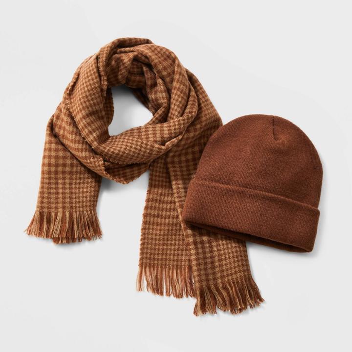 Men's Micro Plaid Knitted Hat And Scarf Set - Goodfellow & Co Brown