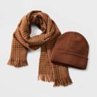 Men's Micro Plaid Knitted Hat And Scarf Set - Goodfellow & Co Brown