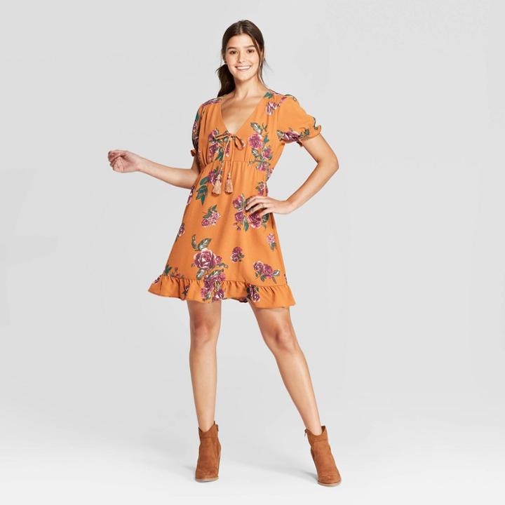 Petitewomen's Floral Print Short Sleeve V-neck Tie Front Mini Dress - Xhilaration Mustard Xs, Women's, Gold