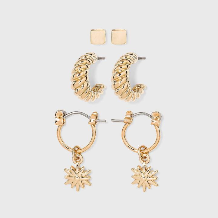 Huggie And Twisted Hoop With Stud Trio Earrings - A New Day Gold