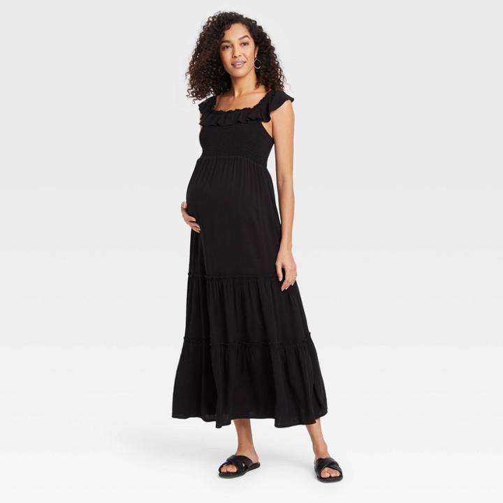 Ruffle Short Sleeve Smocked Maternity Dress - Isabel Maternity By Ingrid & Isabel Black