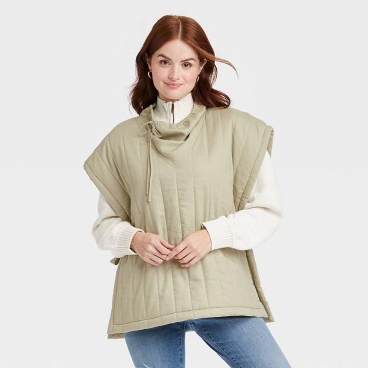 Women's Quilted Poncho - Universal Thread Olive One Size, Green