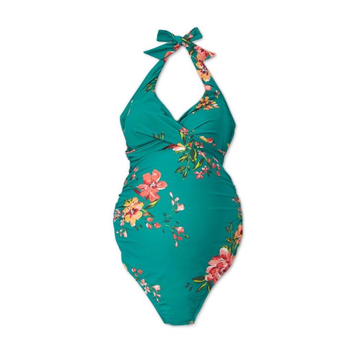 Maternity Floral Print Halter Neck One Piece Swimsuit - Isabel Maternity By Ingrid & Isabel Green
