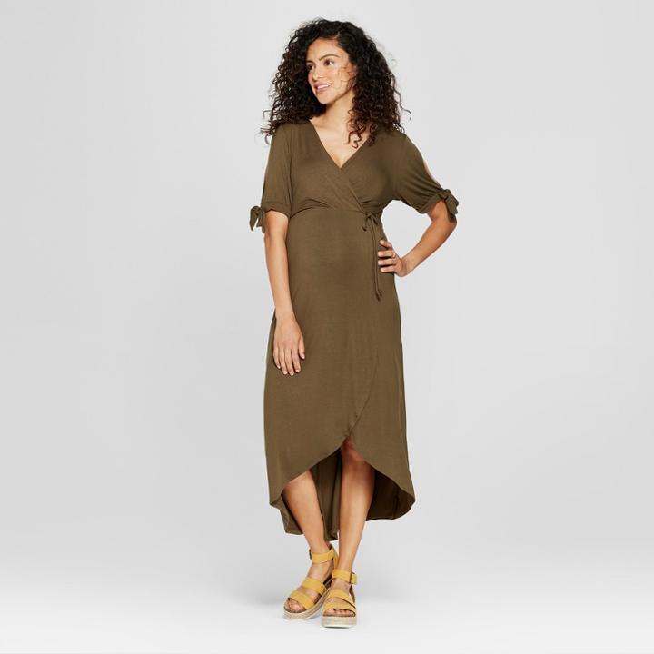 Macherie Maternity Tie Sleeve Hi Lo V-neck Dress - Ma Cherie Olive (green)
