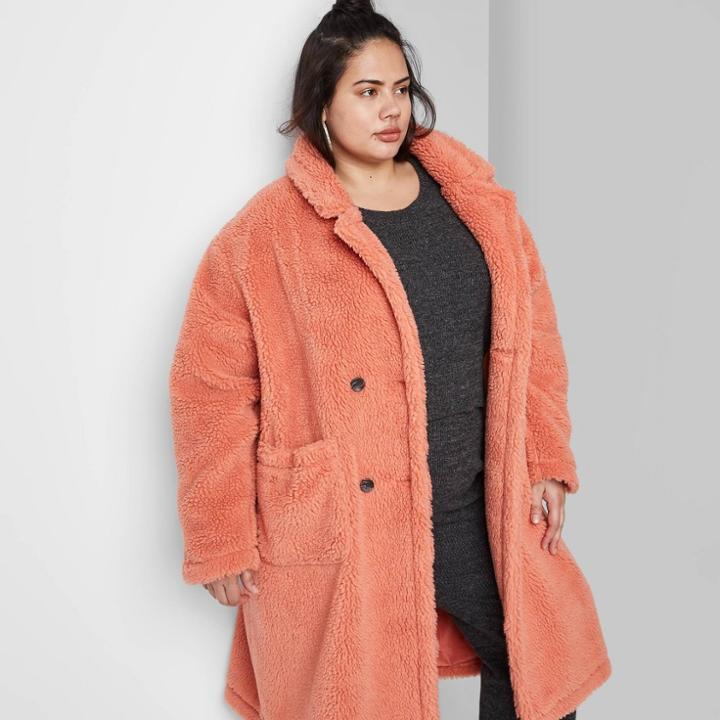 Women's Plus Size Button Front Sherpa Pea Coat - Wild Fable Coral 1x, Women's,