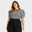 Women's Plus Size Striped Puff Elbow Sleeve T-shirt - Who What Wear Cream