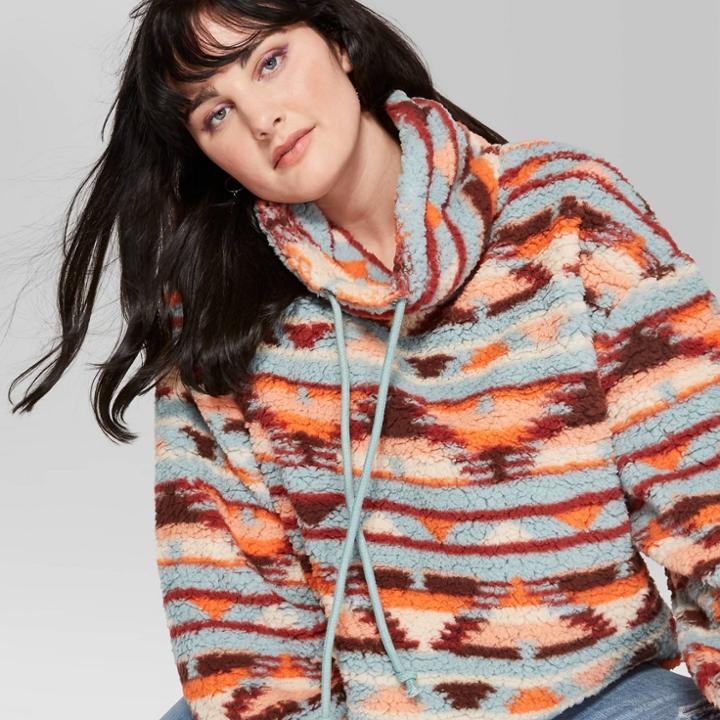 Women's Plus Size Long Sleeve Cowl Neck Sherpa Pullover Geometric Print - Wild Fable Orange/blue 1x, Women's,