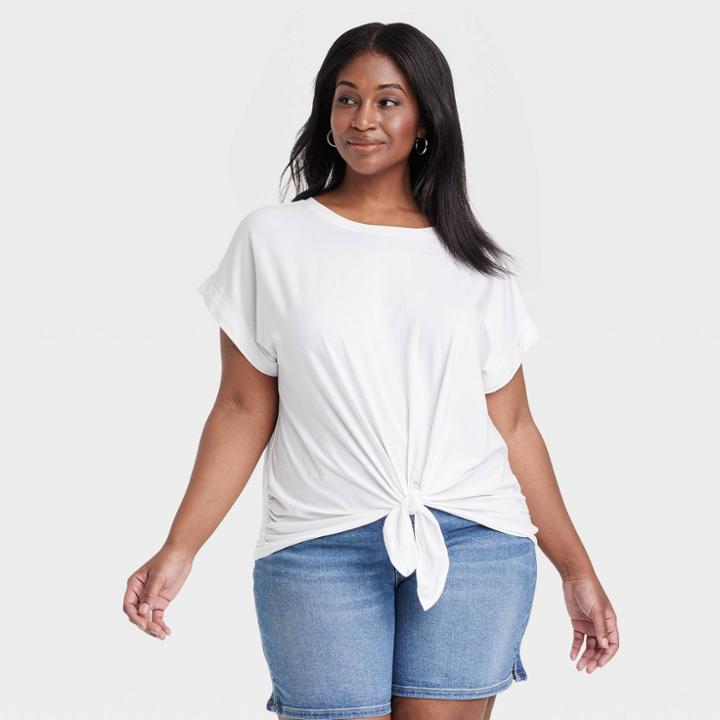 Women's Tie-front Dolman Short Sleeve T-shirt - Ava & Viv White