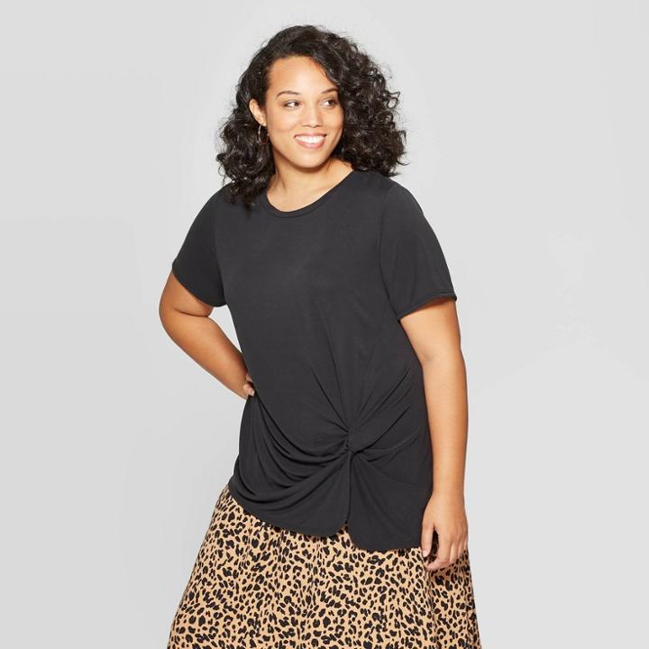 Women's Plus Size Short Sleeve Crewneck Sandwash Side Twist Top - Ava & Viv Black