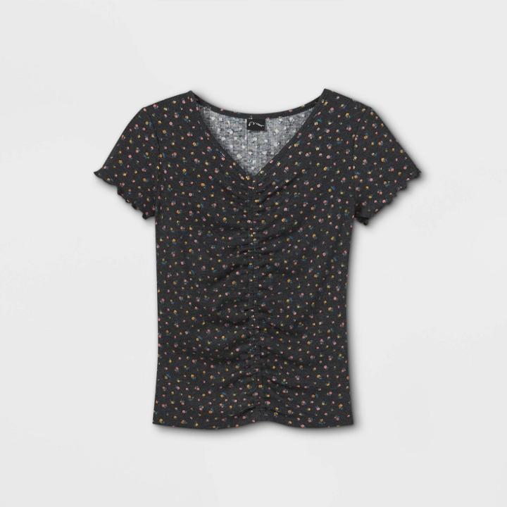 Girls' Floral Cinch Front Short Sleeve T-shirt - Art Class Black