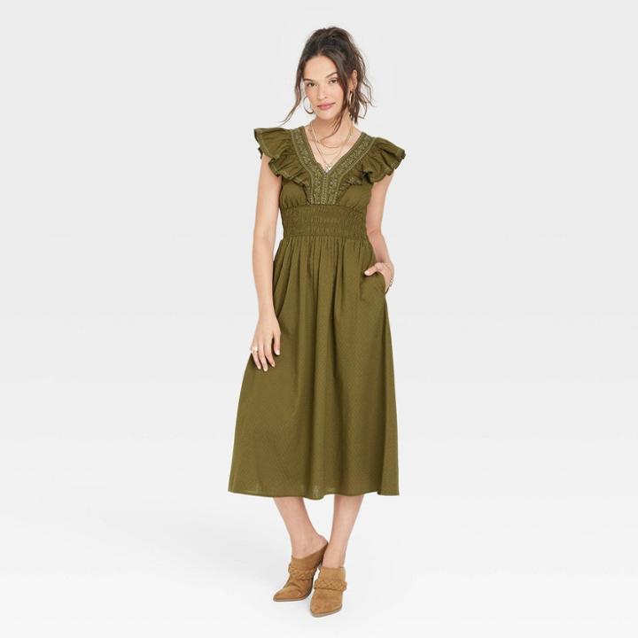 Women's Flutter Sleeveless Embroidered Dress - Universal Thread Green