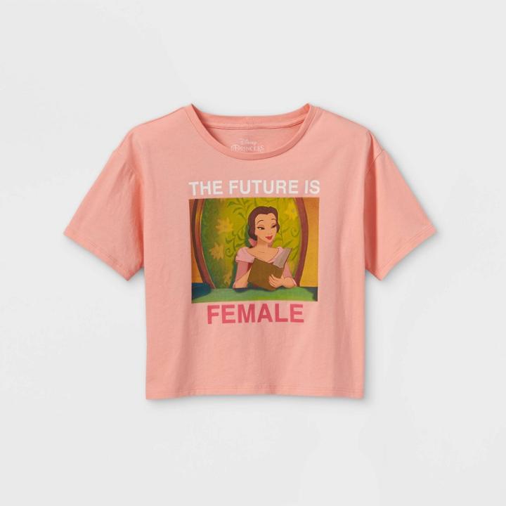 Girls' Disney Princess Belle Future Is Female Short Sleeve Cropped Graphic T-shirt - Pink