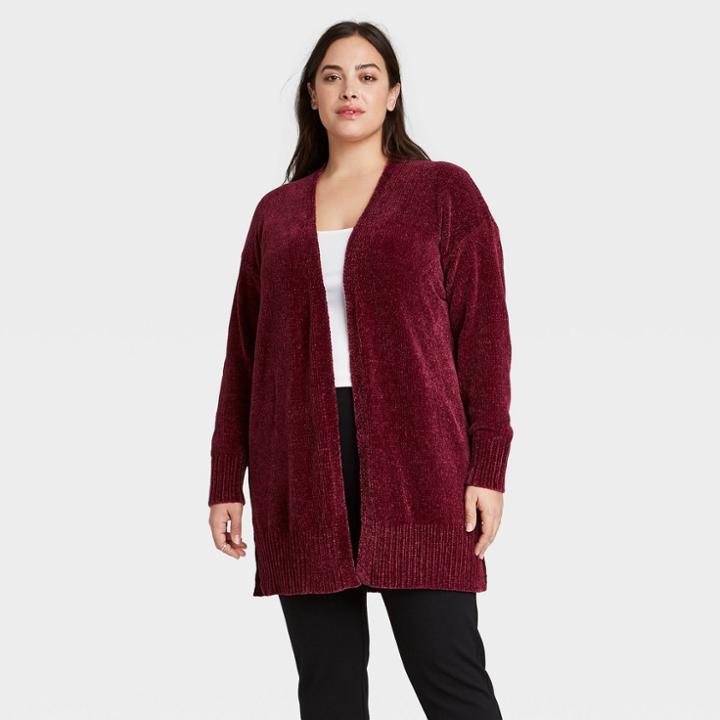 Women's Plus Size Open Neck Chenille Cardigan - Ava & Viv Dark Red X