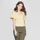 Women's Striped Short Sleeve Ruffle T-shirt - A New Day Gold/white