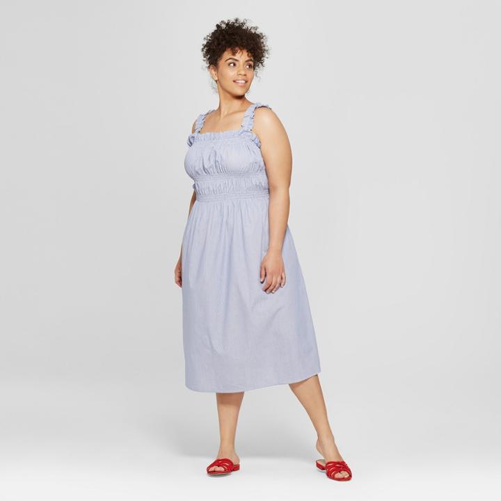 Women's Plus Size Striped Smocked Tank Midi Dress - Who What Wear Blue/white X, Blue/white