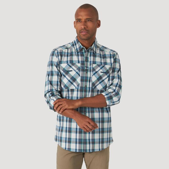 Wrangler Men's Atg David Woven Plaid Button-down Shirt - Gilbraltar Sea S, Gilbraltar Blue