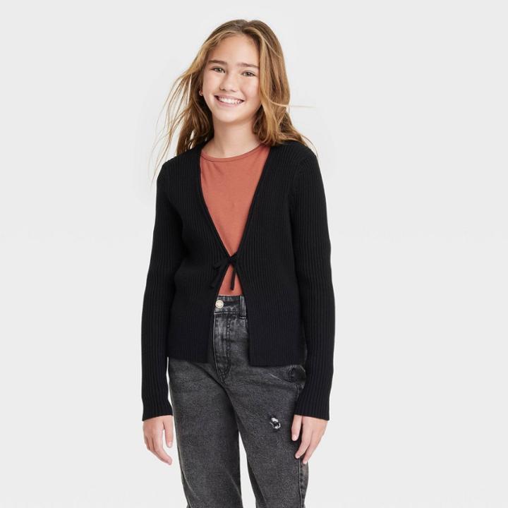 Girls' Fur Collar Cardigan Sweater - Art Class Black