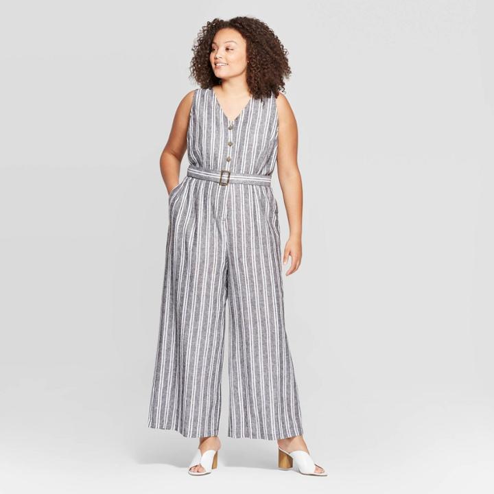 Women's Plus Size Striped Sleeveless V-neck Belted Jumpsuit - Who What Wear Gray/white