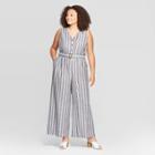Women's Plus Size Striped Sleeveless V-neck Belted Jumpsuit - Who What Wear Gray/white