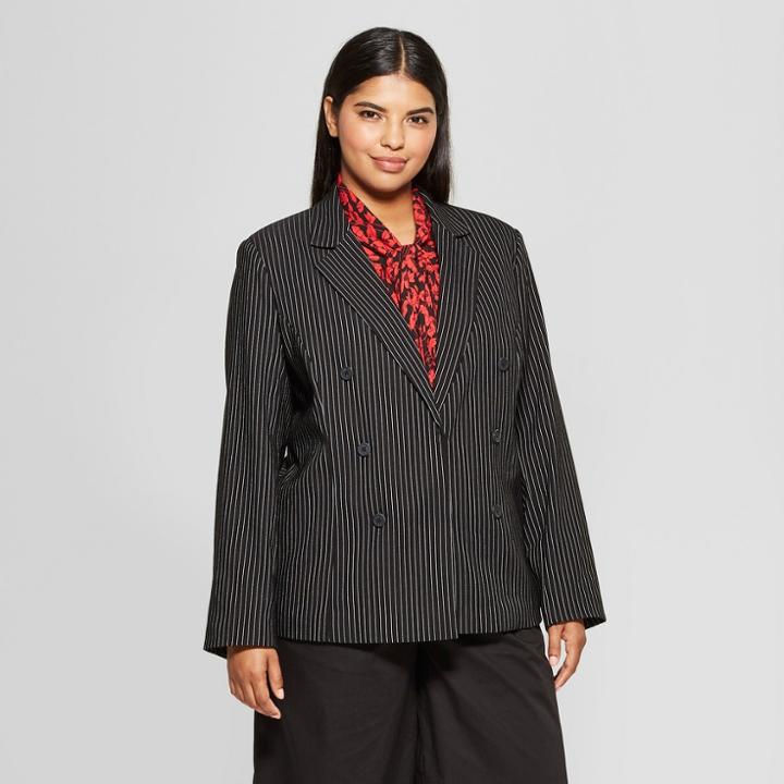 Women's Plus Size Striped Classic Blazer - Who What Wear Black/white