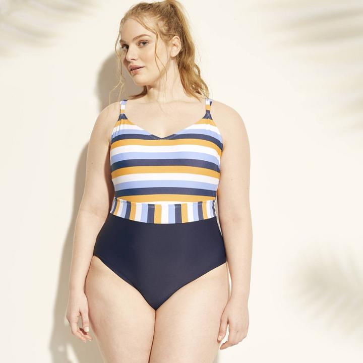 Women's Plus Strappy Back One Piece Swimsuit - Kona Sol Navy/yellow 18w, Blue Yellow
