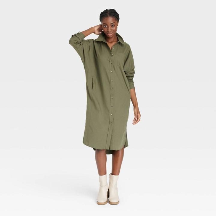 Women's Long Sleeve Button-down Shirtdress - Universal Thread Green